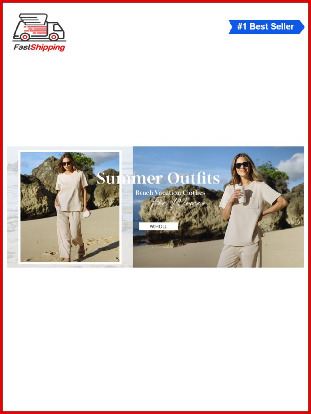 β¨WIHOLL 2 Piece Set Womens Short Sleeve Top Wide Leg Crop Pants Lounge Travel - Picture 5 of 6